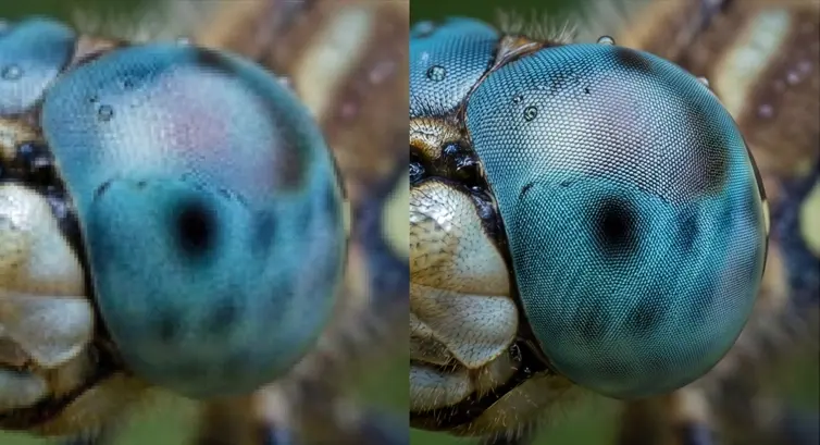 Before/after image upscale (2x) — текстура ткани и края шрифтов стали четче