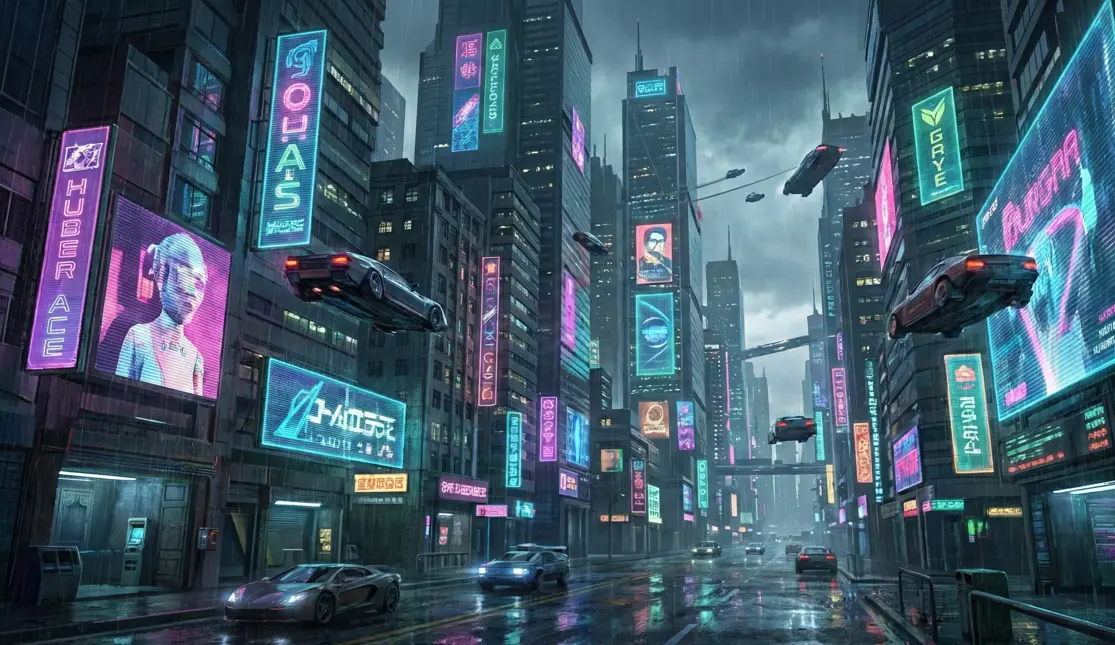 Futuristic cityscape concept art for pitch deck