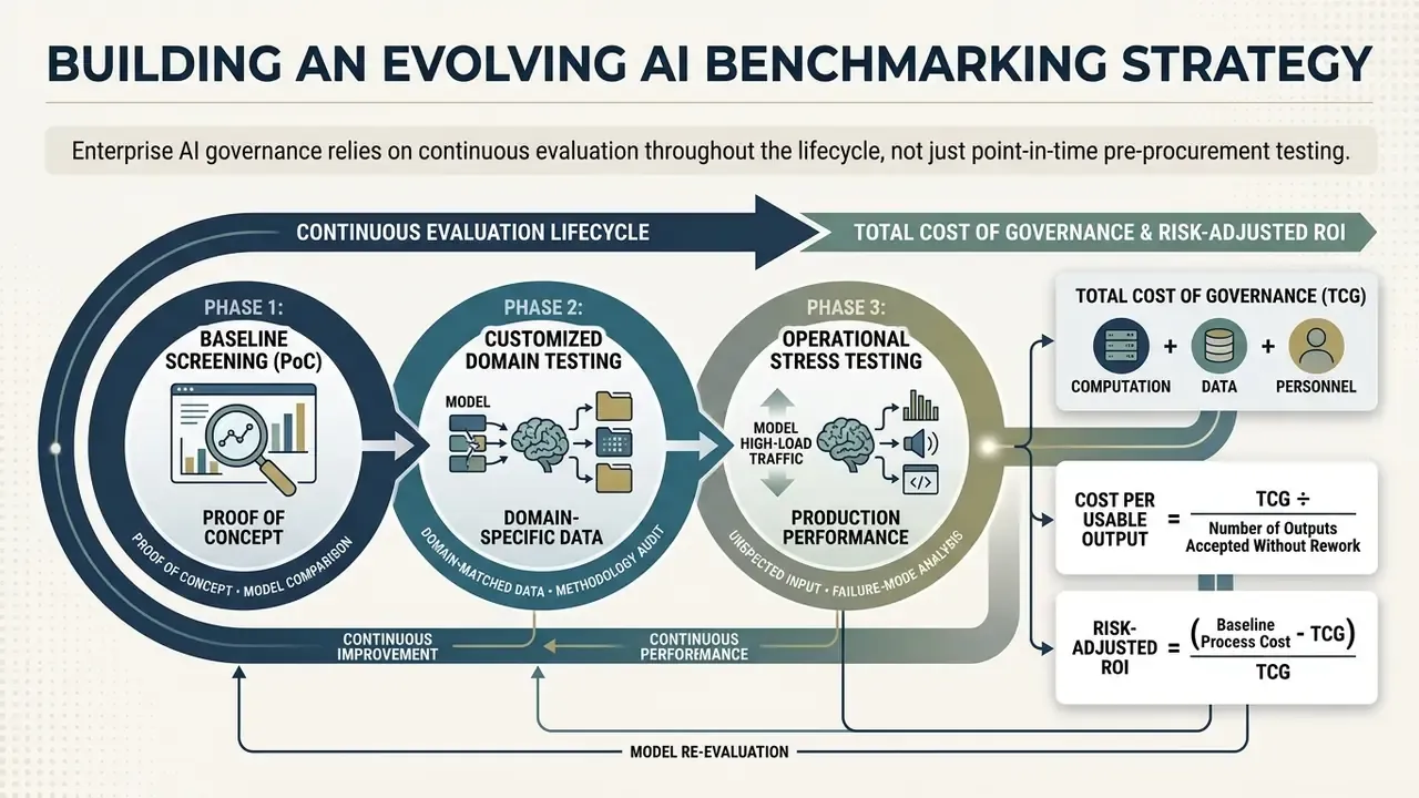 Three-phase continuous evaluation lifecycle for AI governance including cost and ROI calculations