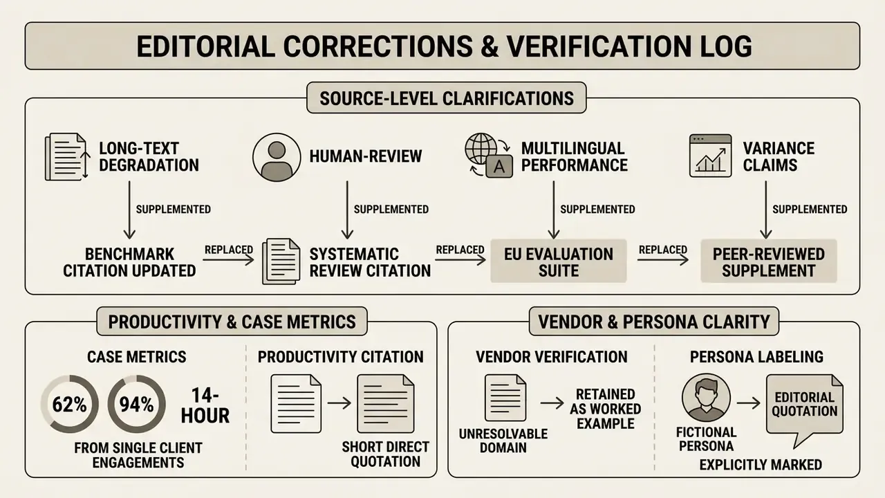 Flowchart showing source-level clarifications and metrics for editorial corrections and verification