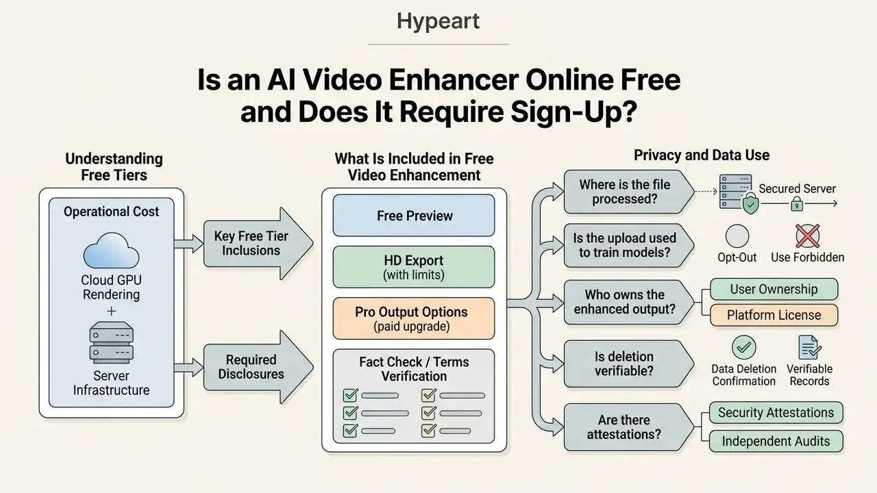 Infographic detailing free tier costs, service inclusions, and privacy policies for AI video tools