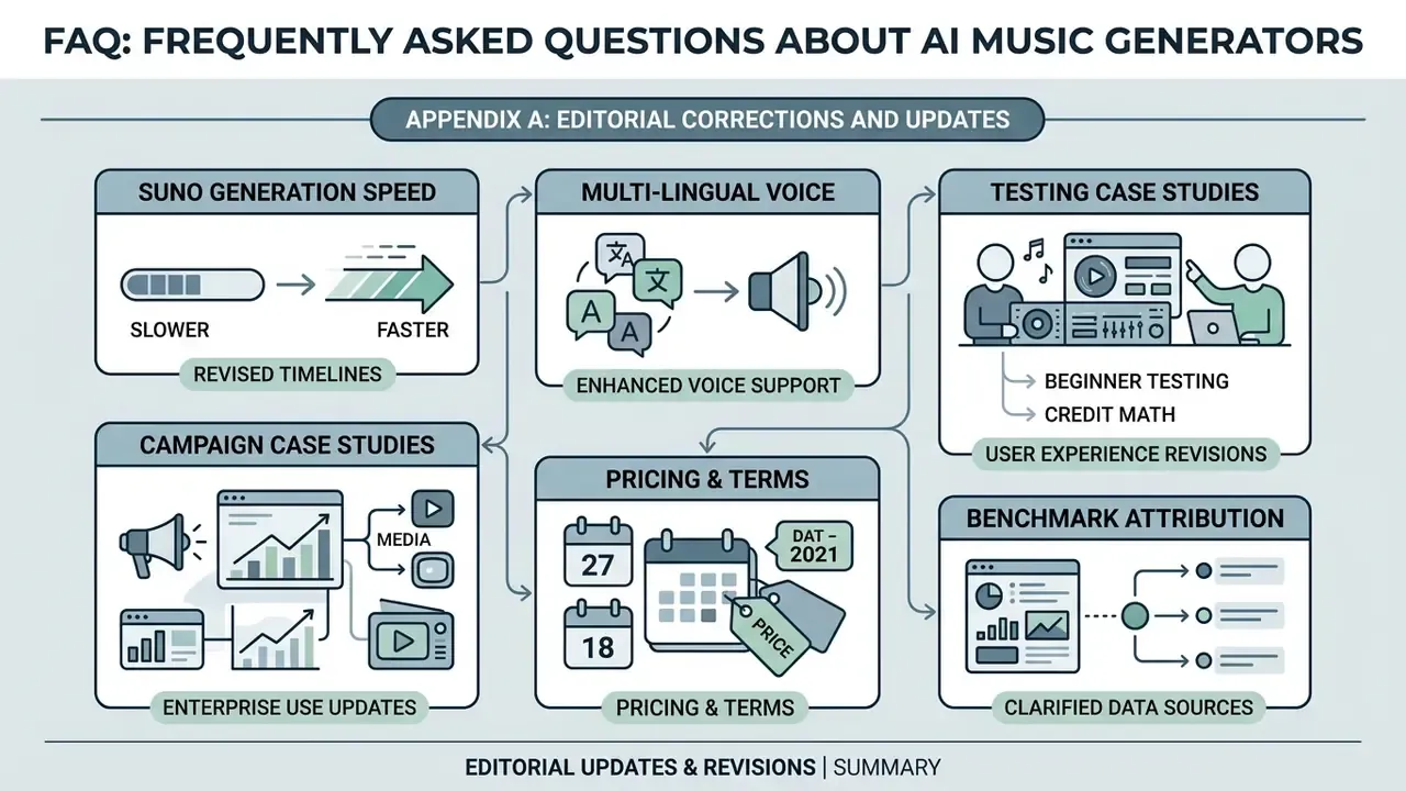 Summary infographic displaying editorial corrections and updates for AI music generator documentation