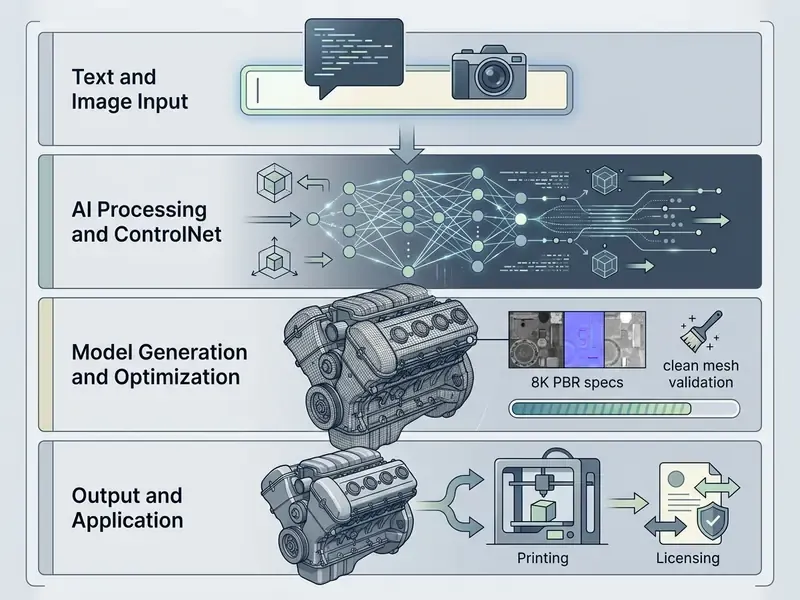 Four-stage workflow diagram showing data input, neural network processing, model optimization, and output