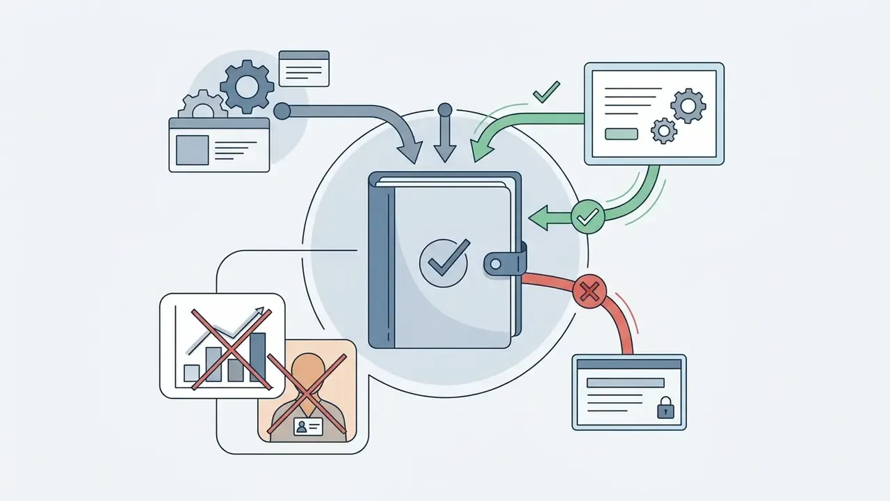 Central notebook icon receiving approved data inputs and rejecting excluded charts and person profiles