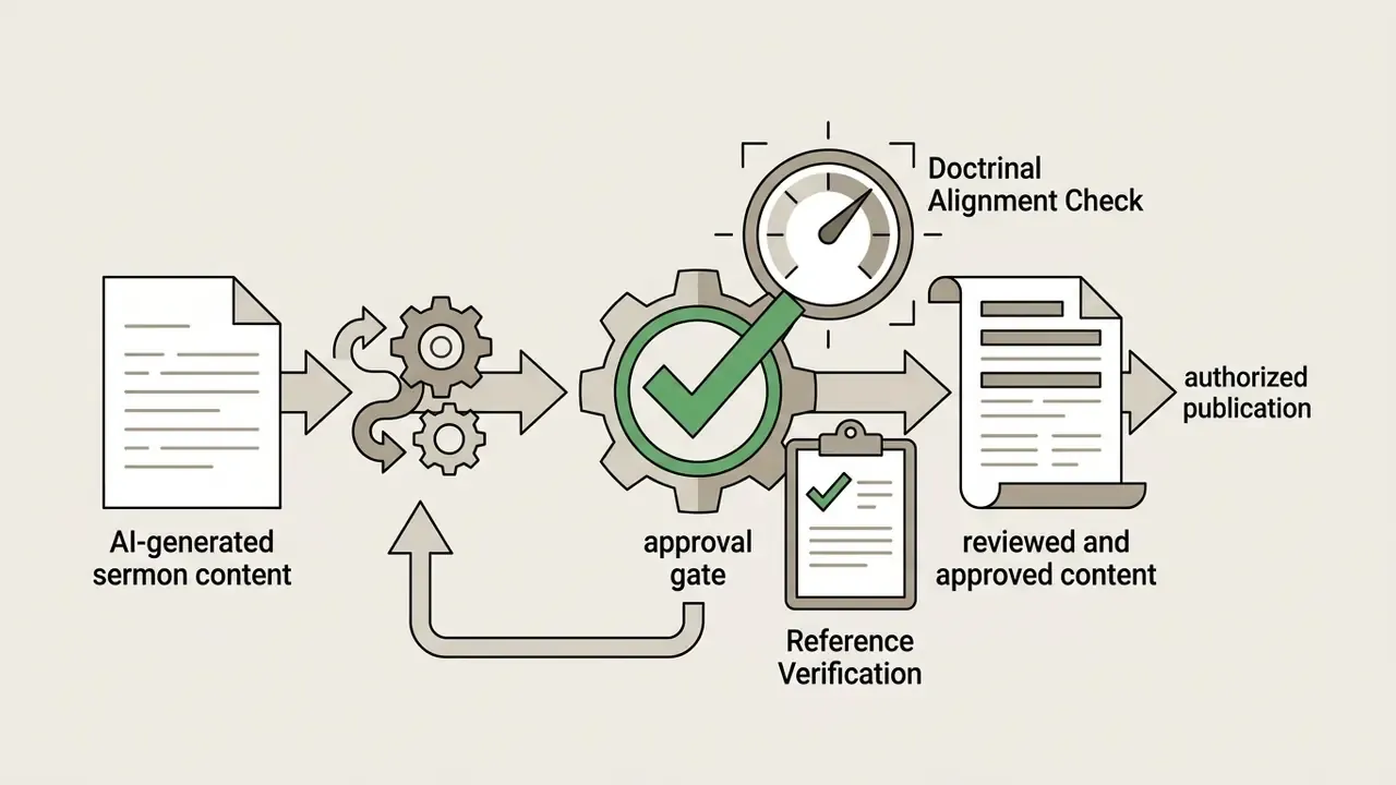 Text inputs moving through gears and a gauge to reach a checklist for doctrinal and reference approval