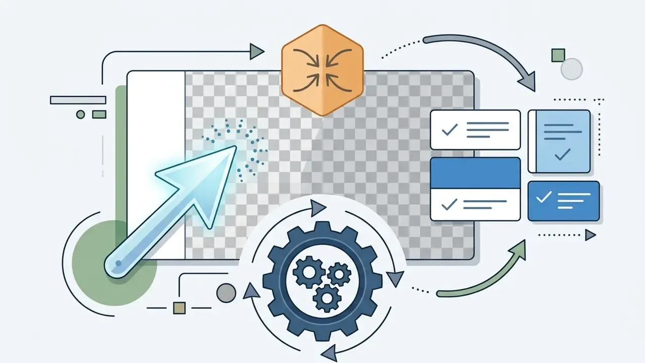 Cursor selecting a transparent canvas area with gear icons and checklist boxes indicating processing