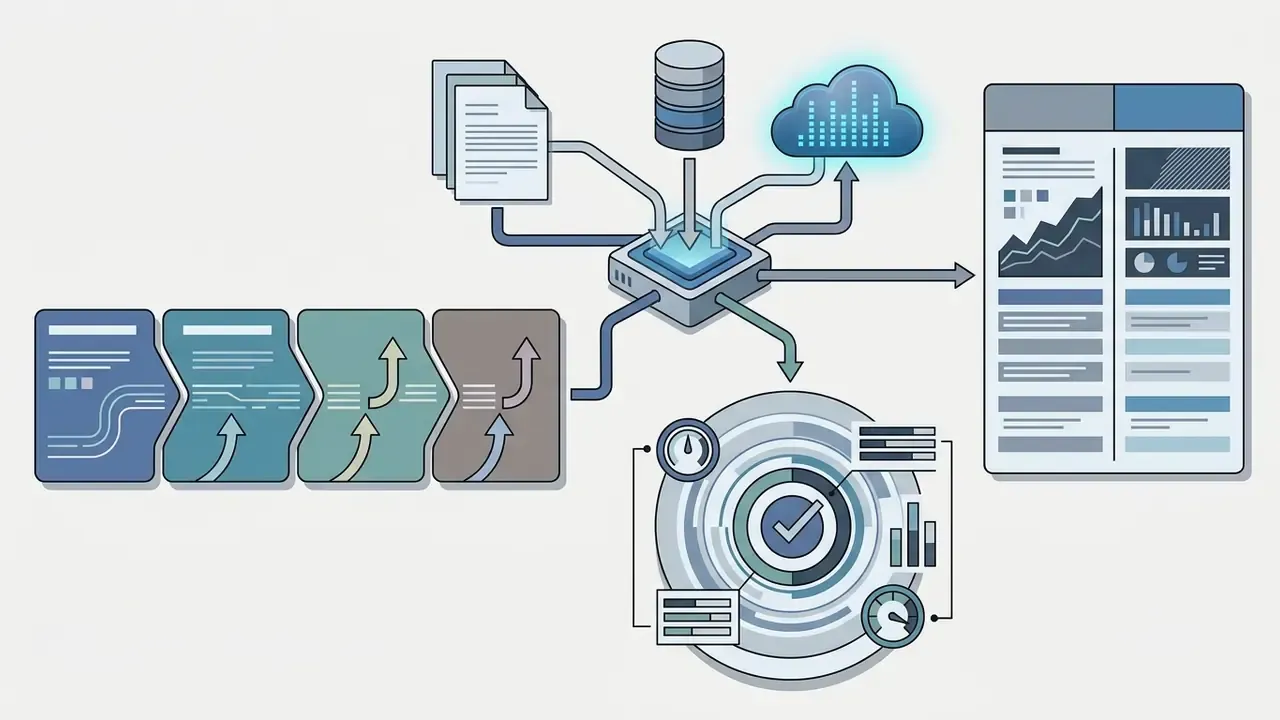 Central processing unit aggregating data from documents and cloud sources into visual reports and metrics