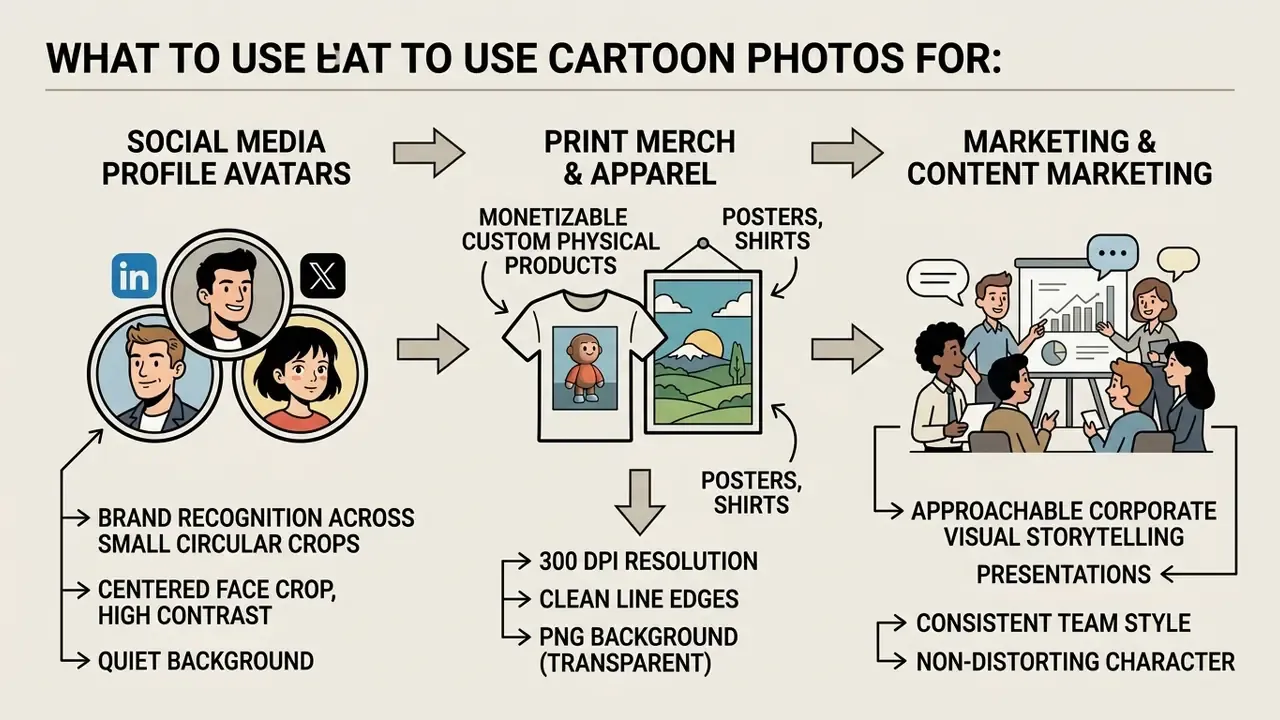 Diagram showing three use cases for stylized imagery including social avatars, merchandise, and marketing
