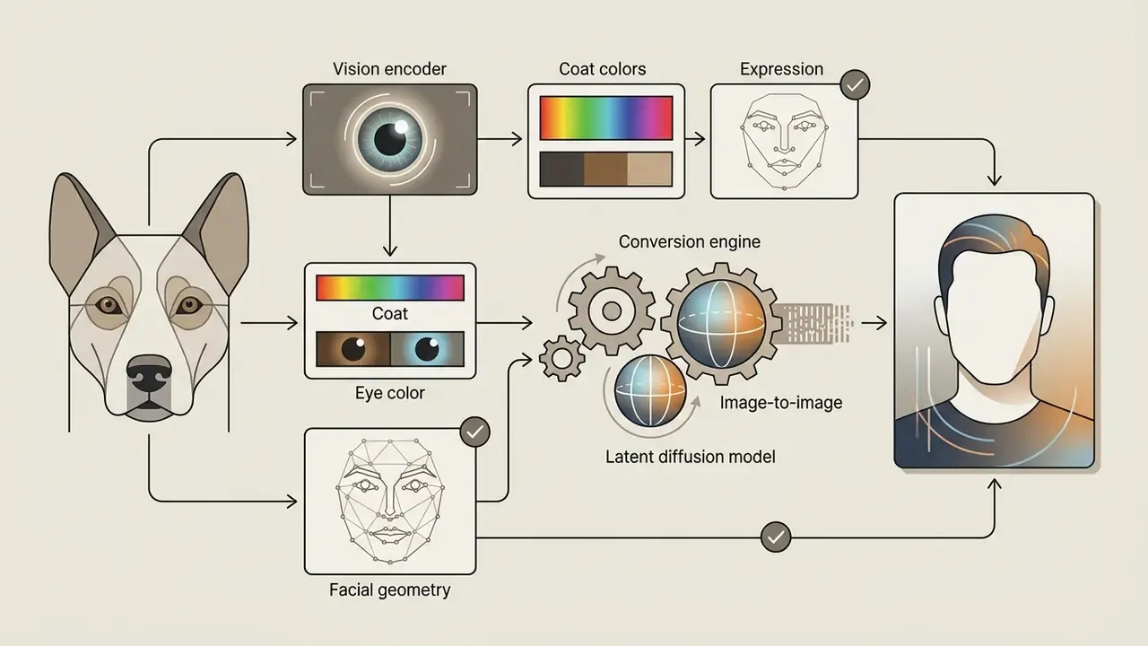 Diagram showing a dog face being analyzed by a vision encoder to generate a human portrait