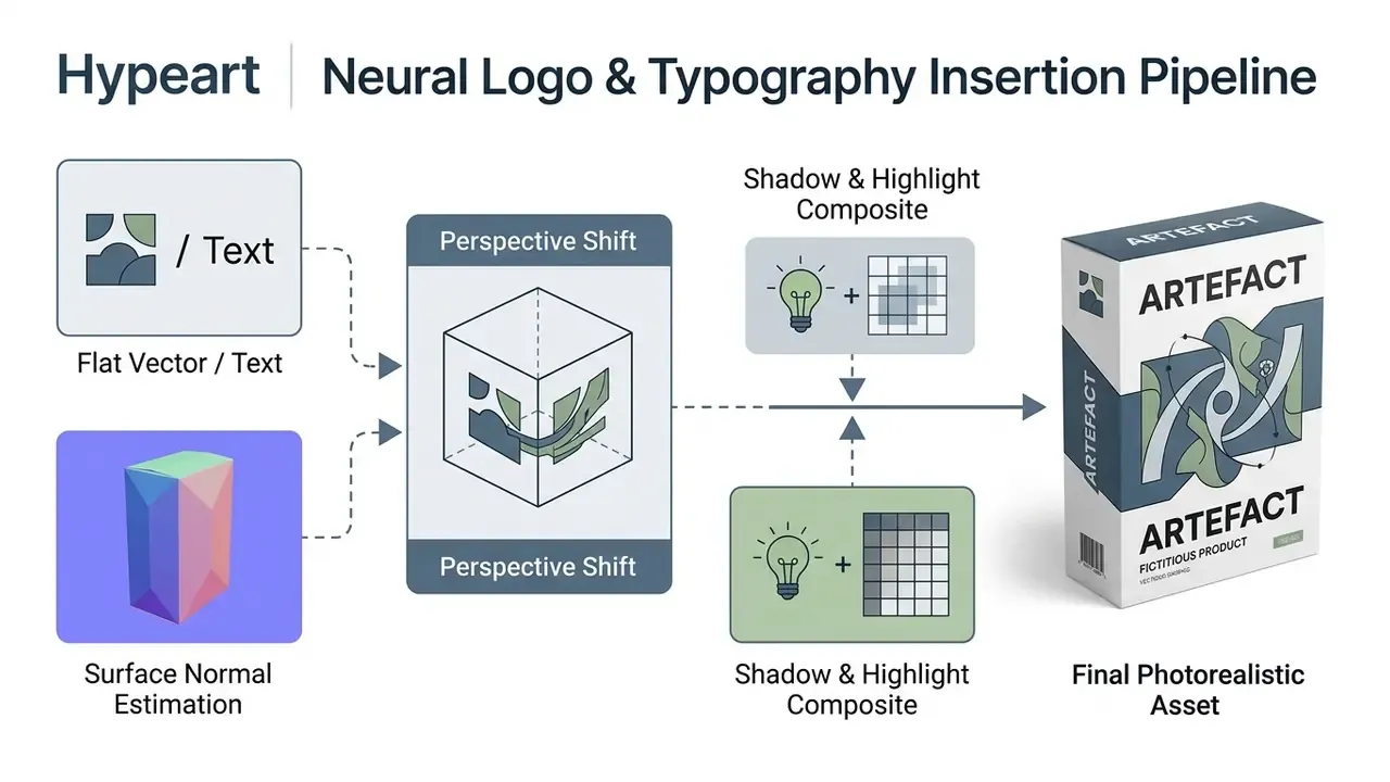 Technical workflow mapping flat vector input and surface normals to a photorealistic product package