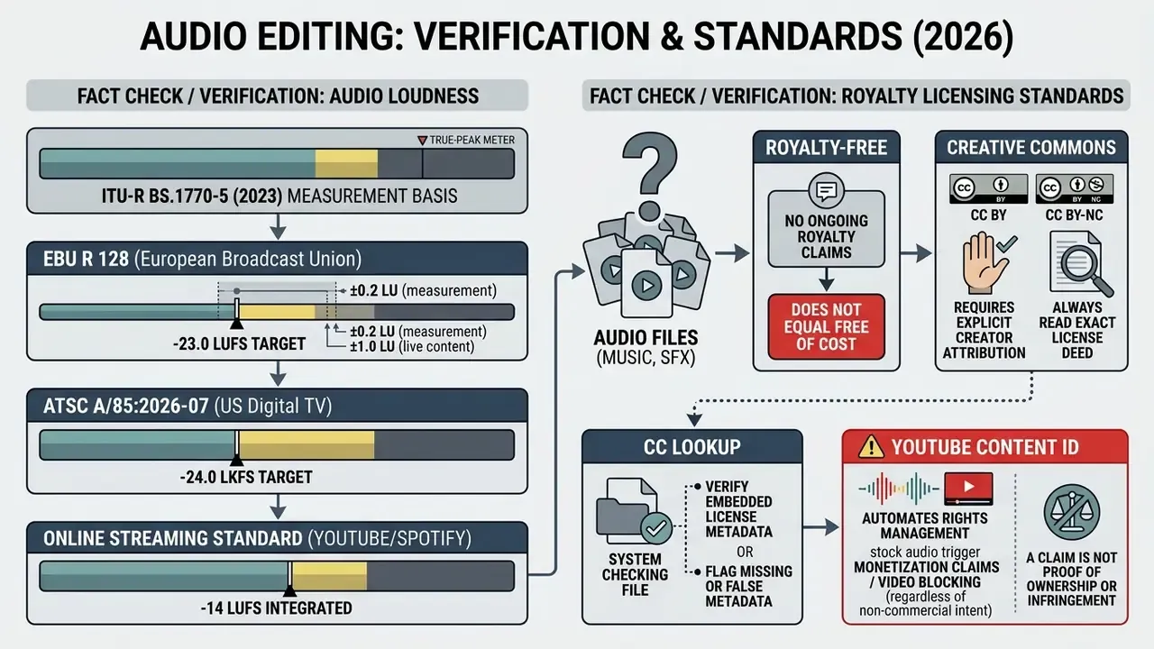 Comparison of audio loudness standards and royalty licensing requirements for media production