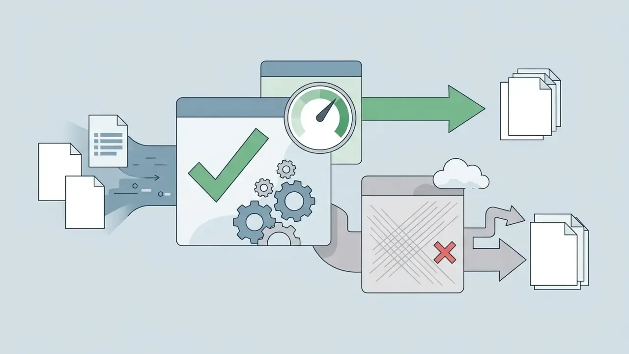 Documents flowing into a processor that routes data to a checkmark, a gear, and a performance gauge