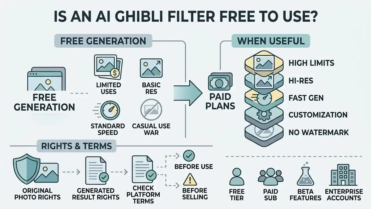 Comparison infographic outlining free versus paid features and legal considerations for AI image tools