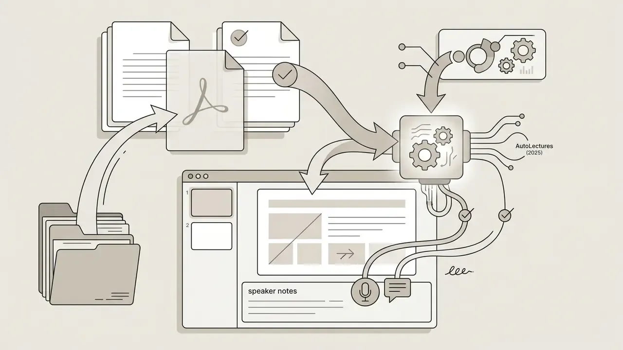 File folders and documents routing through processing engines to generate slide layouts and speaker notes