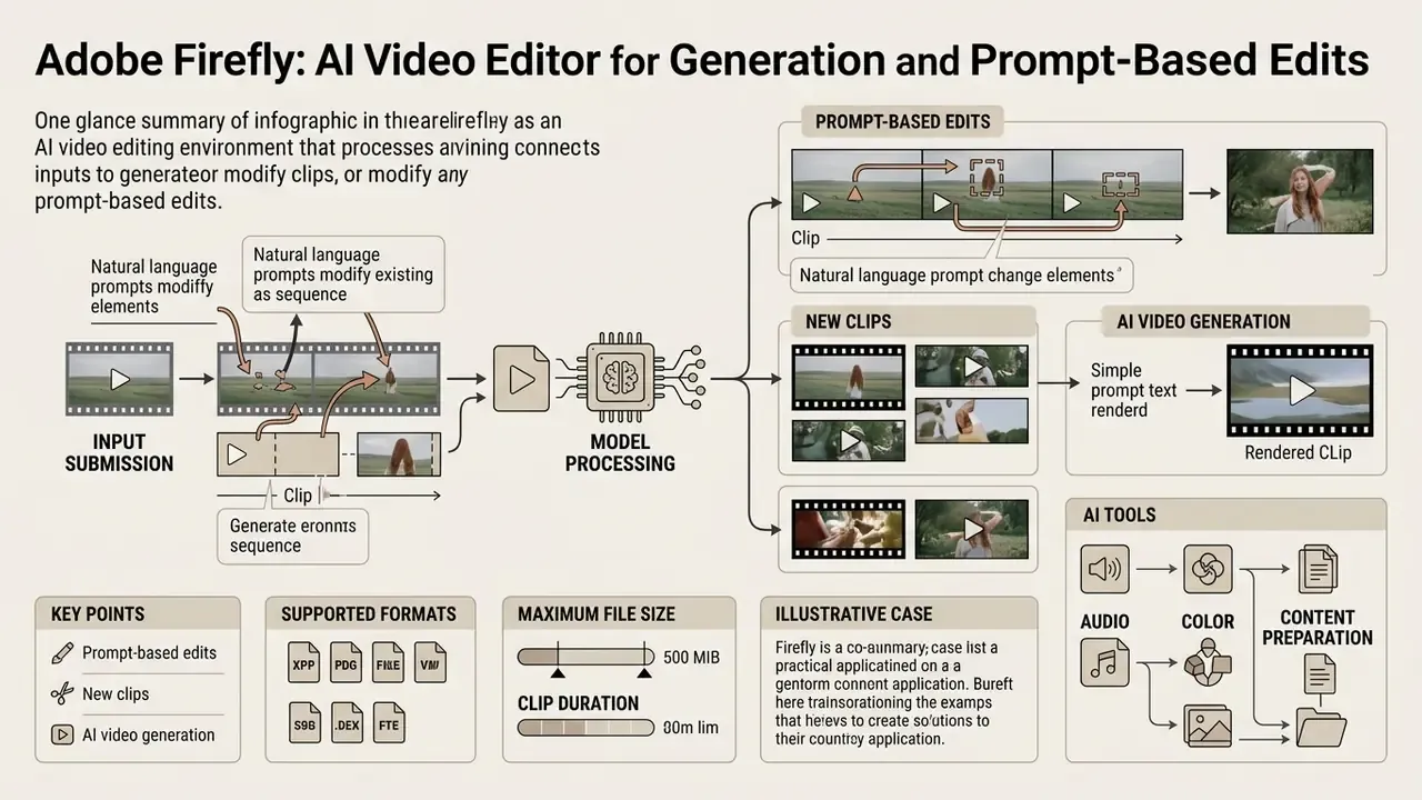 Flowchart showing how natural language prompts process video clips through AI model generation