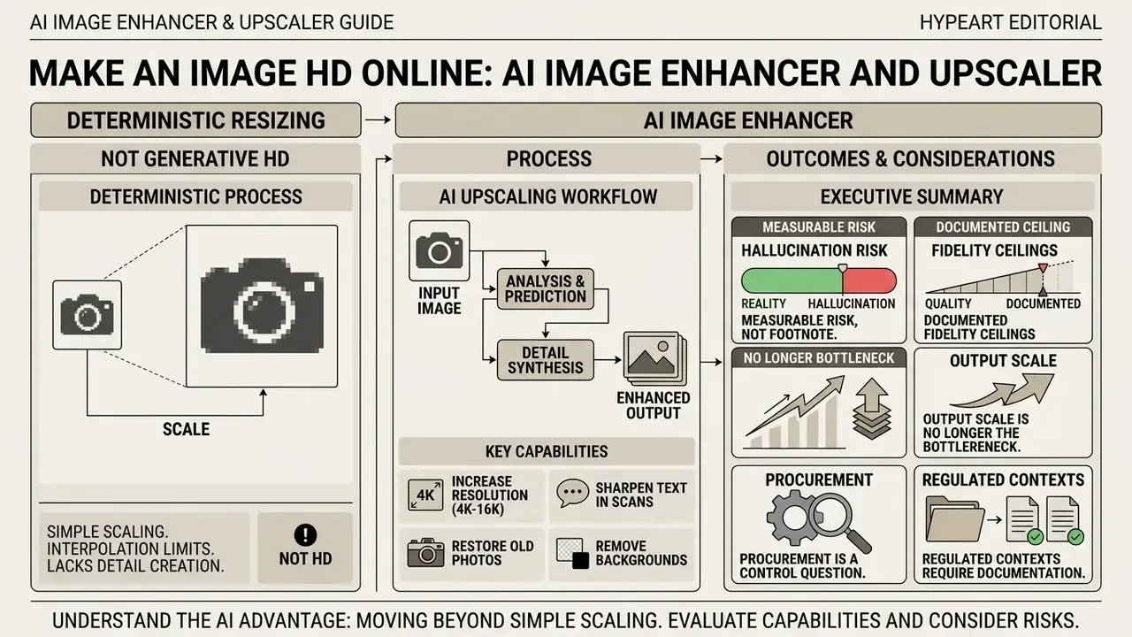 Infographic comparing deterministic resizing with AI upscaling workflows and key considerations