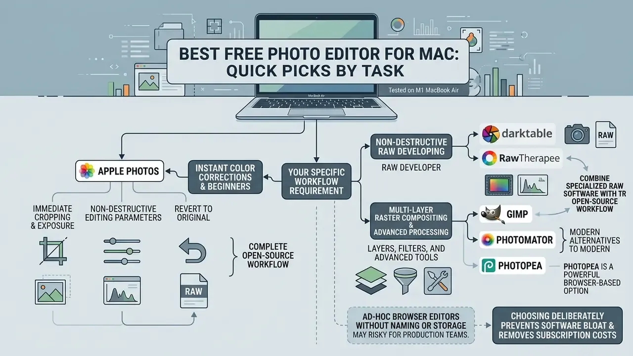 Flowchart mapping various photo editor for Mac software options based on specific user workflow needs