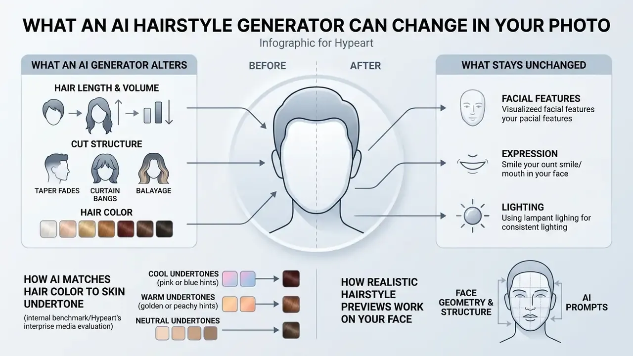 Infographic showing how an AI hairstyle generator modifies hair attributes while preserving facial features