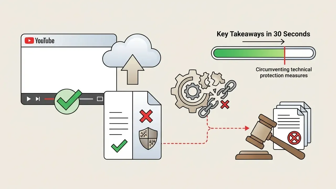 YouTube video player and legal document icons connected to broken gears and a gavel representing legal risks