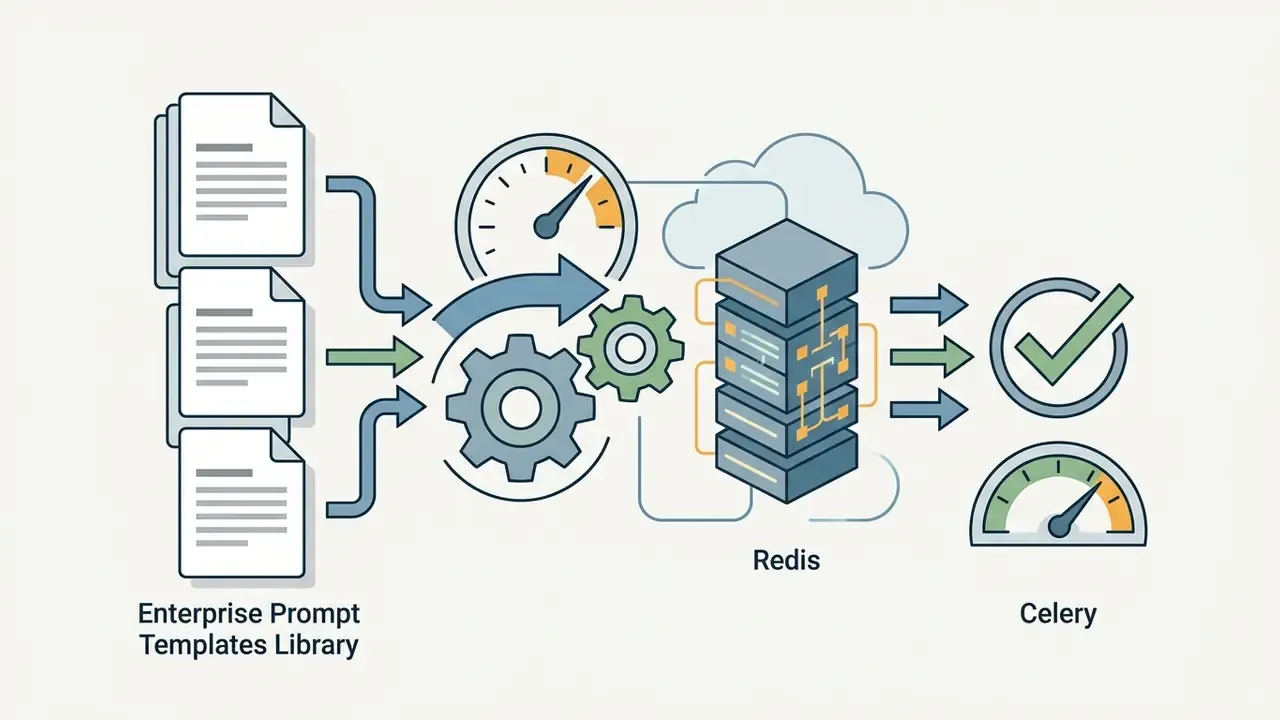 Prompt templates feeding into a gear system and Redis server to output task completion and performance metrics