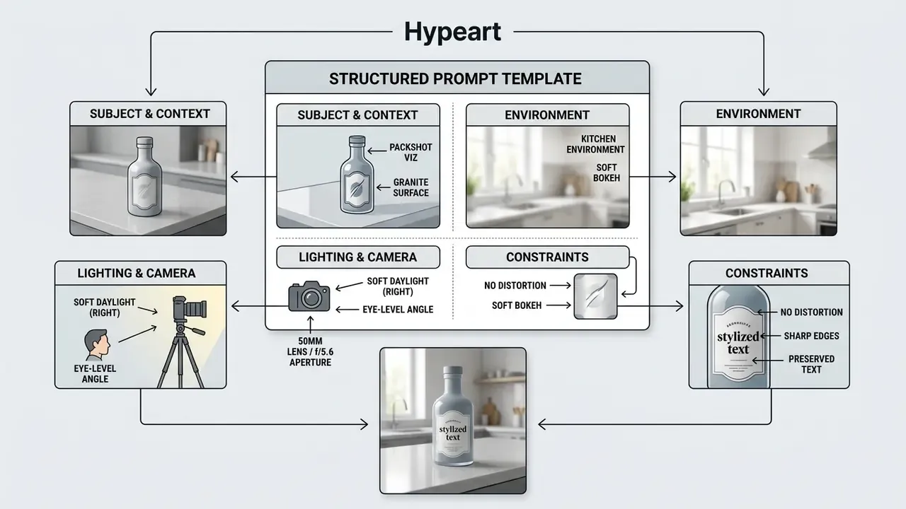 Structured prompt template showing how subject, environment, lighting, and constraints build a product photo
