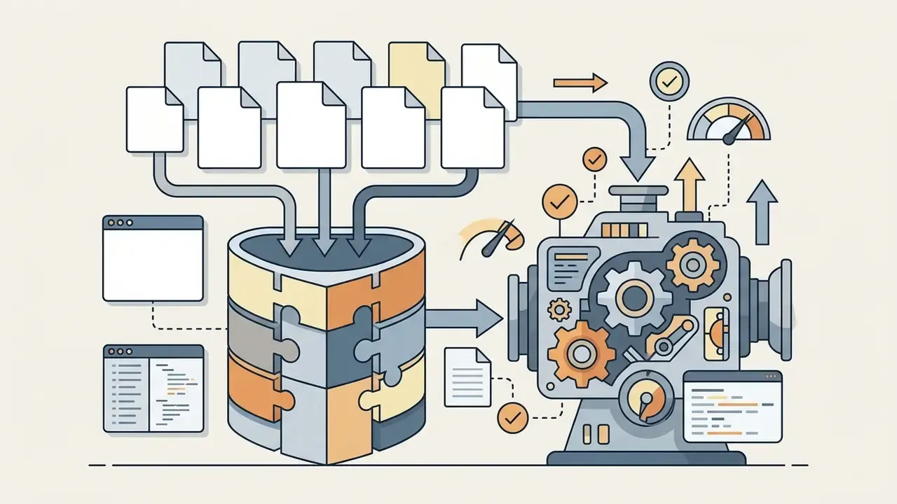 Files and code windows feeding into a puzzle piece database and gear mechanism with status gauges