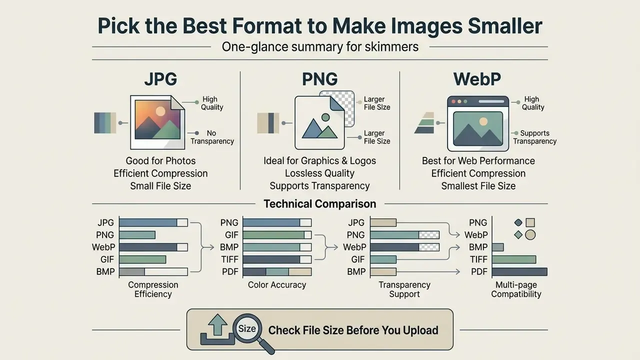 Comparison of JPG, PNG, and WebP formats using charts to show compression, color, and transparency