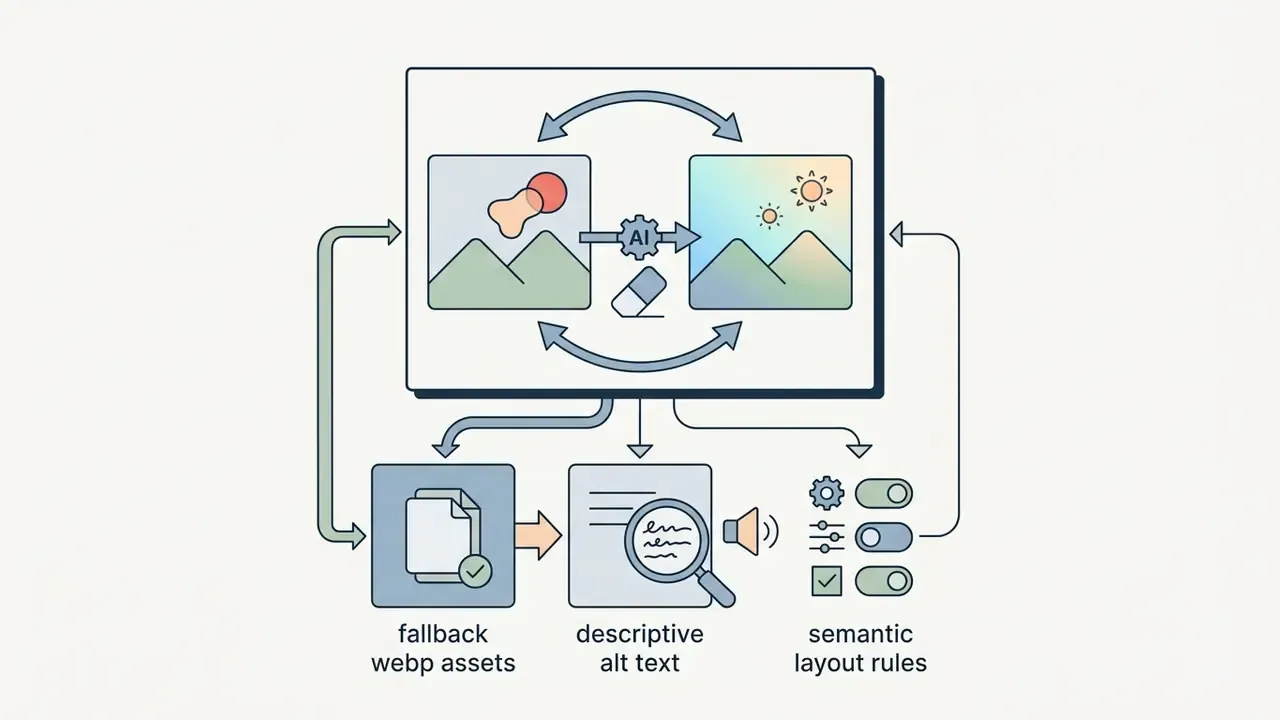 Cycle of AI image processing linked to webp assets, alt text generation, and semantic layout controls