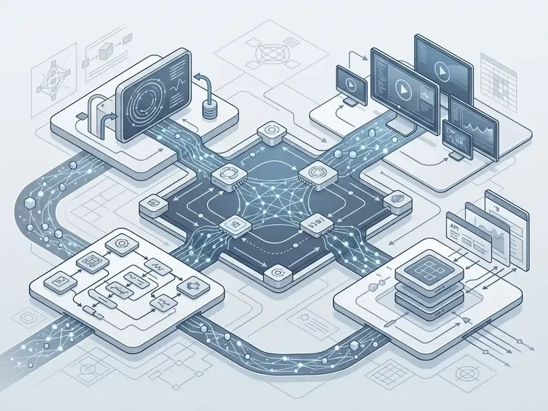Isometric network diagram showing data streams connecting central processing hubs to various digital interfaces