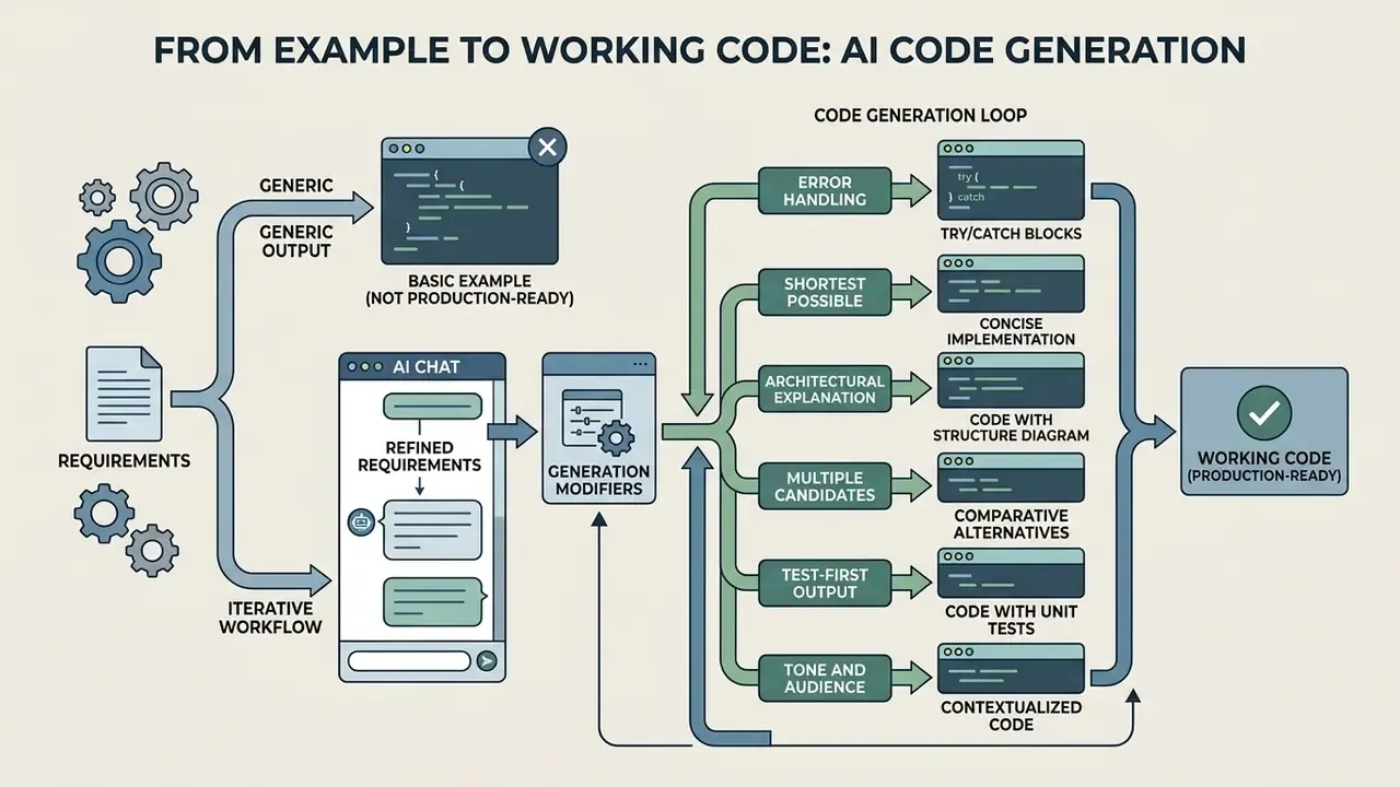 Flowchart comparing basic output to a refined iterative process using modifiers to create production code