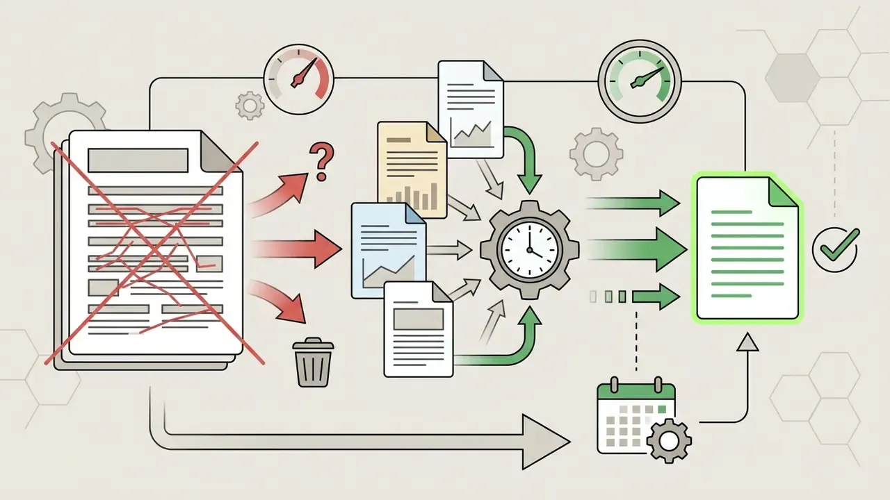 Rejected document inputs transitioning through a timed processing hub into validated and scheduled output files