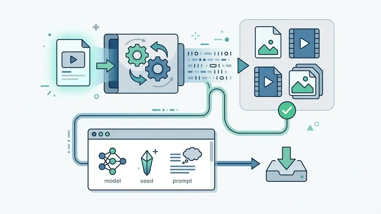 Processing unit converting media into exported files with model, seed, and prompt metadata tracking