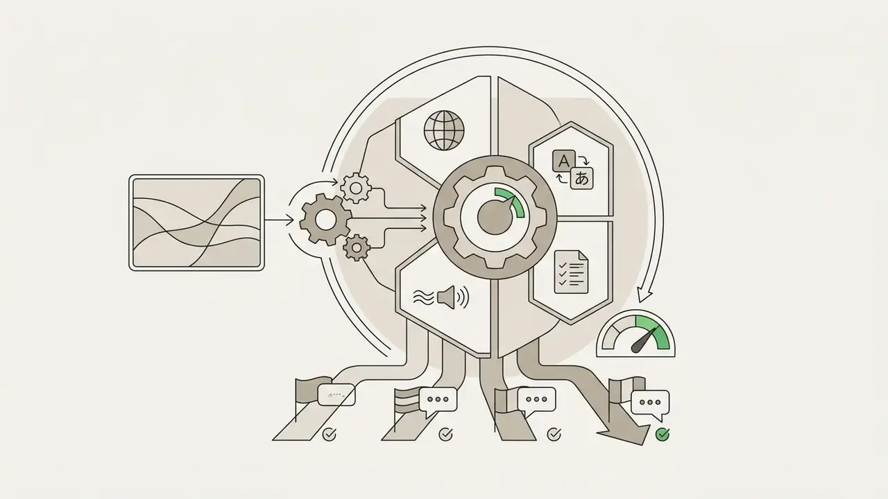 Central gear mechanism processing video inputs into multilingual subtitle and dubbing outputs