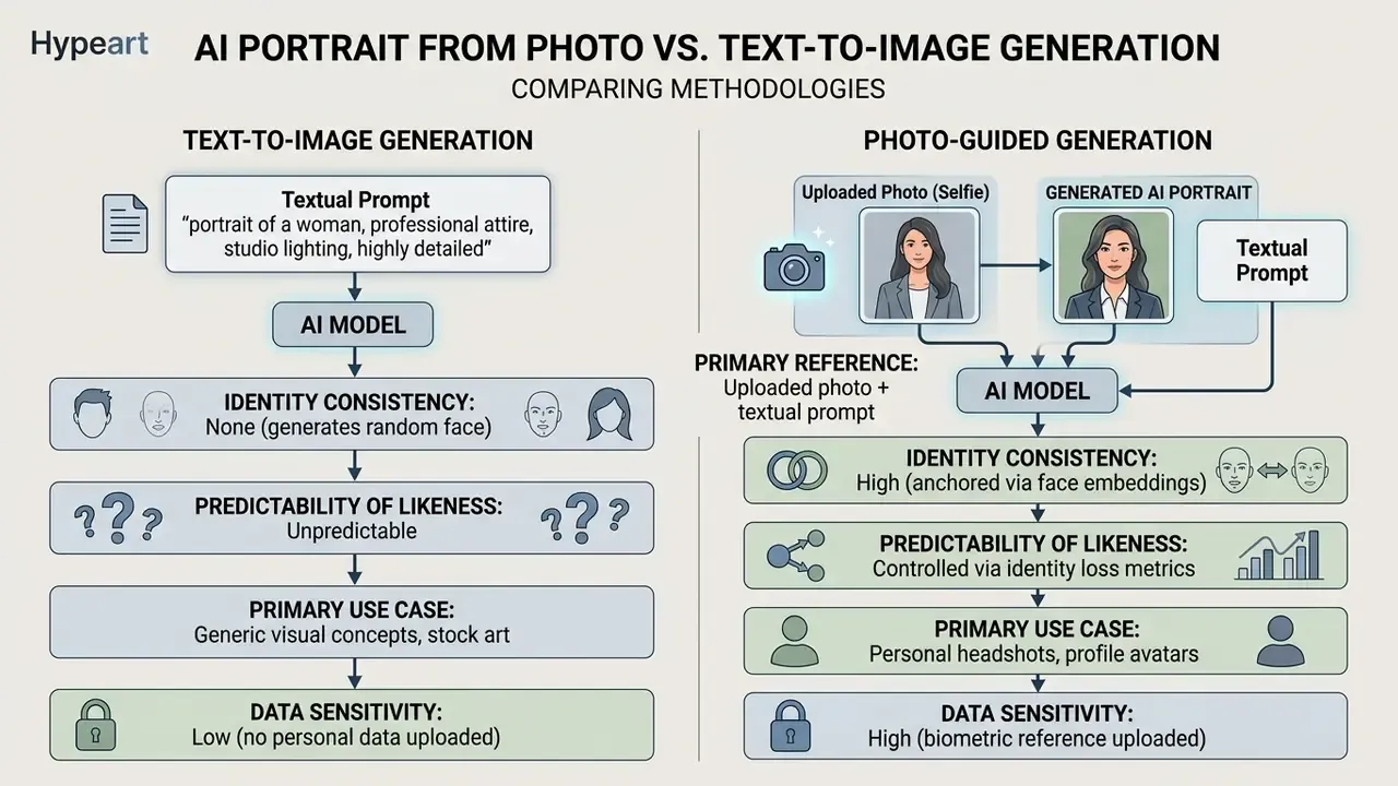 Side-by-side comparison of text-to-image versus photo-guided workflows for creating AI generated photos of me
