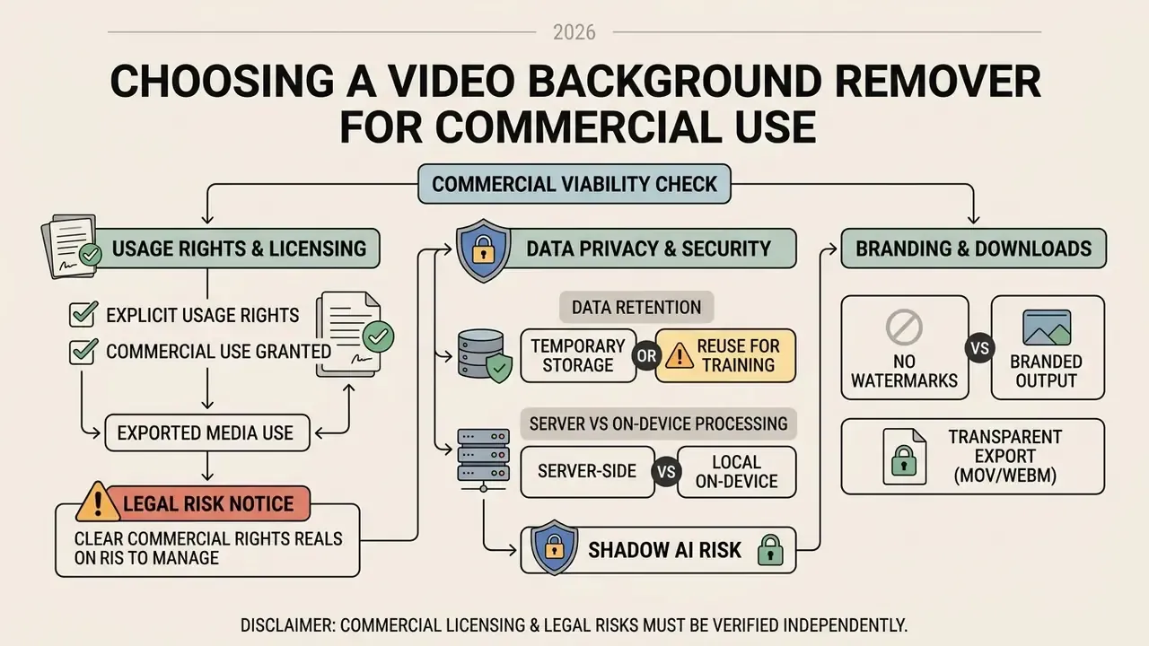 Decision tree outlining legal, privacy, and branding factors for evaluating a video background remover