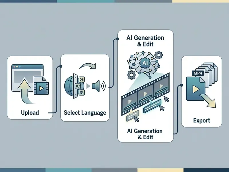 Four-step diagram showing the process to upload, translate, edit with AI, and export video files