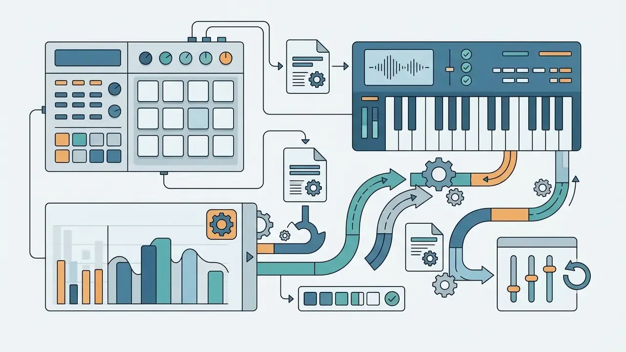 Drum machine and keyboard icons processing data through gears to create audio waveforms and mixer settings