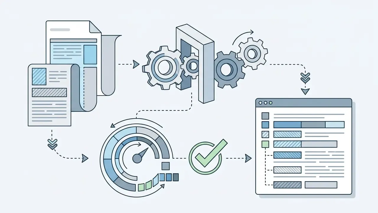 Document processing workflow showing text analysis, gear-driven mechanisms, and a final authorship report