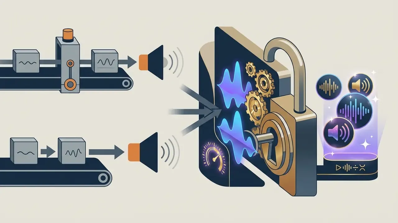 Conveyor belts producing basic audio sounds leading to a locked panel with premium voice icons
