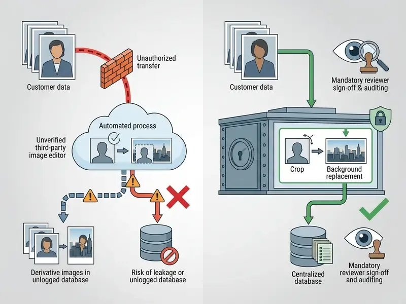 Comparison of risky unverified cloud image processing versus secure internal data editing workflows