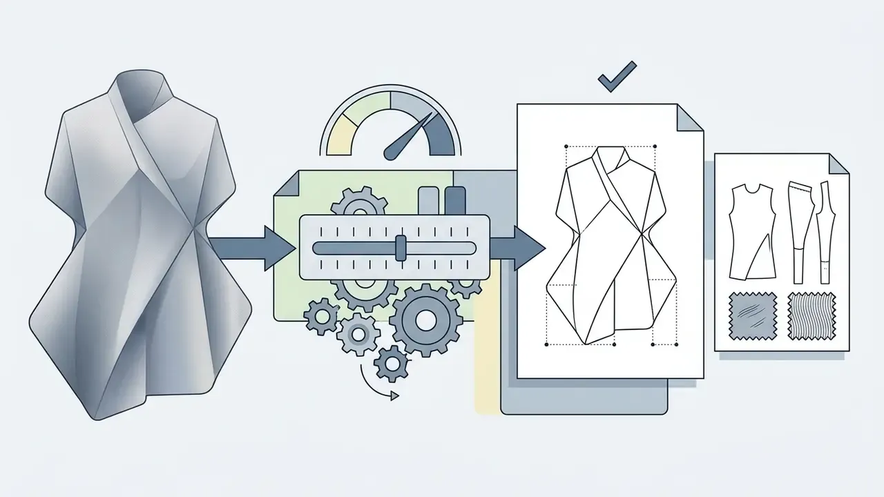 Garment render processed through gears and a threshold slider into technical line art and fabric swatches