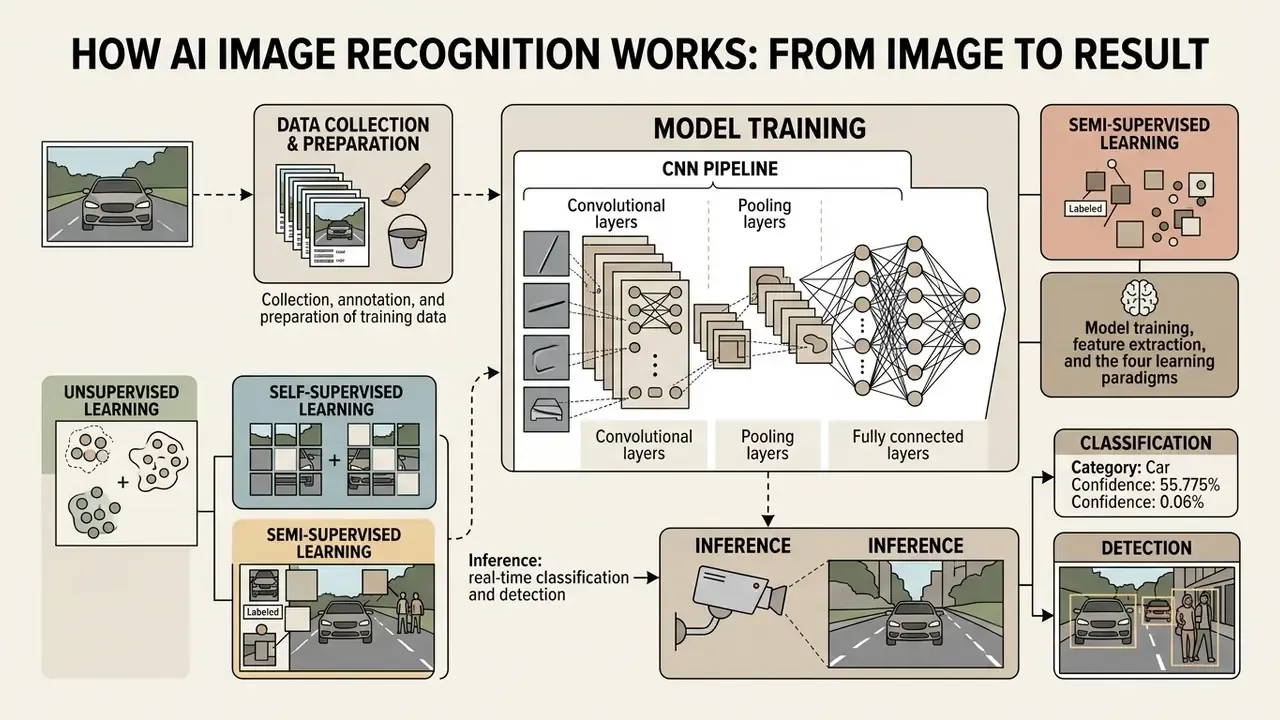Diagram showing data preparation, CNN architecture, learning paradigms, and real-time inference steps