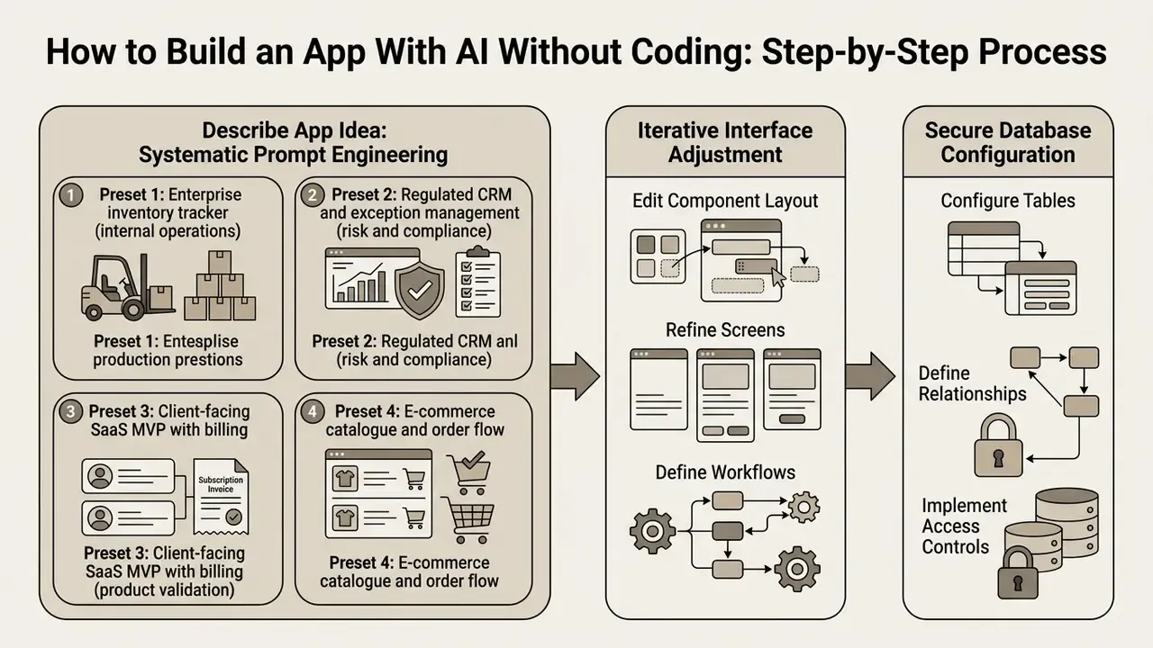 Diagram showing prompt presets, interface adjustment steps, and database configuration for an AI app generator