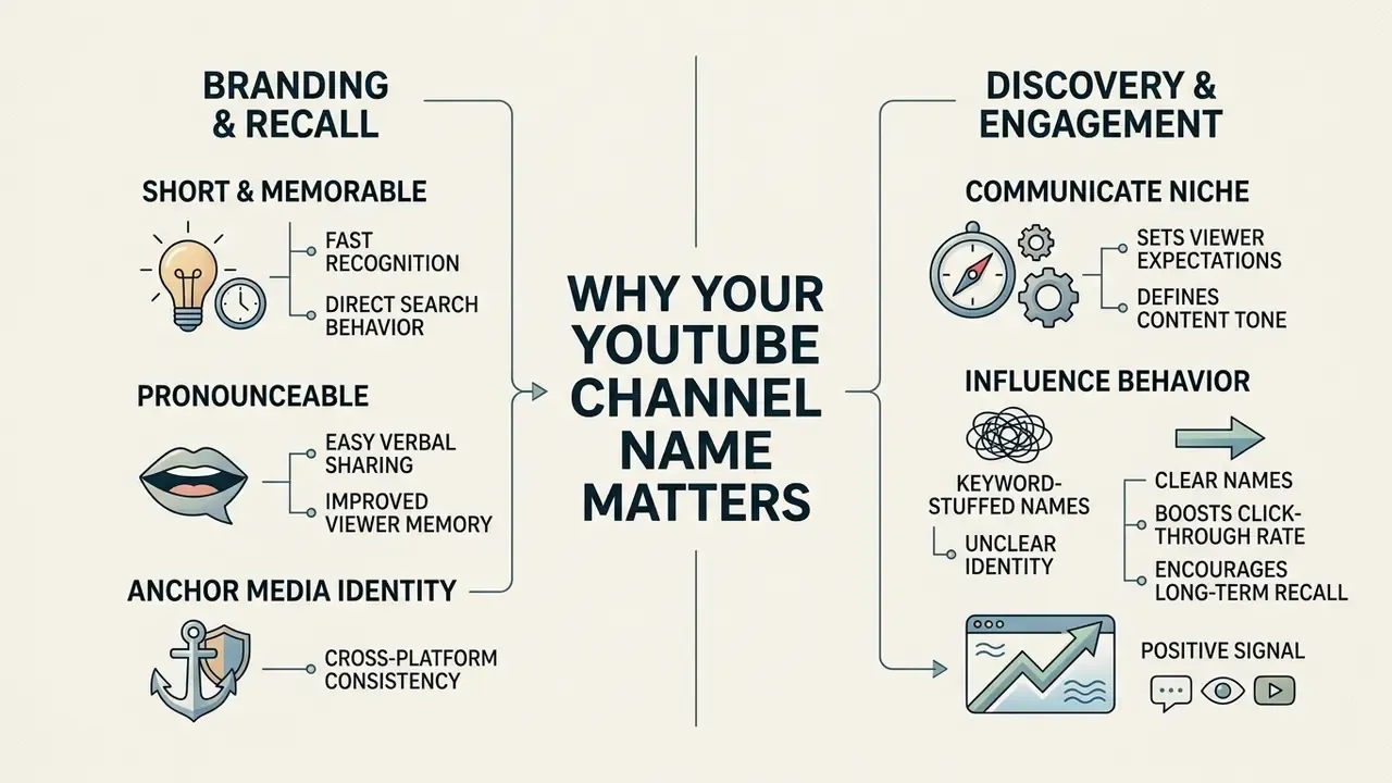 Infographic detailing how a YouTube channel name impacts branding, discovery, and audience engagement