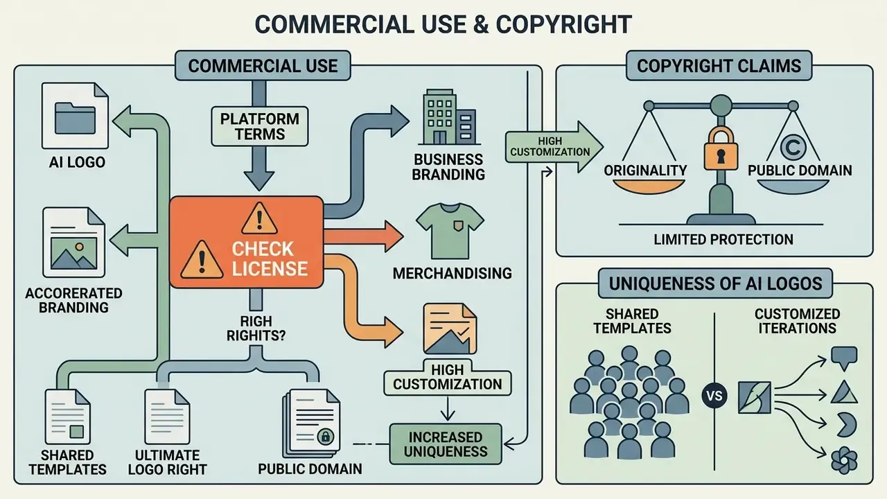 Summary of commercial license requirements, copyright limitations, and design uniqueness for AI logos