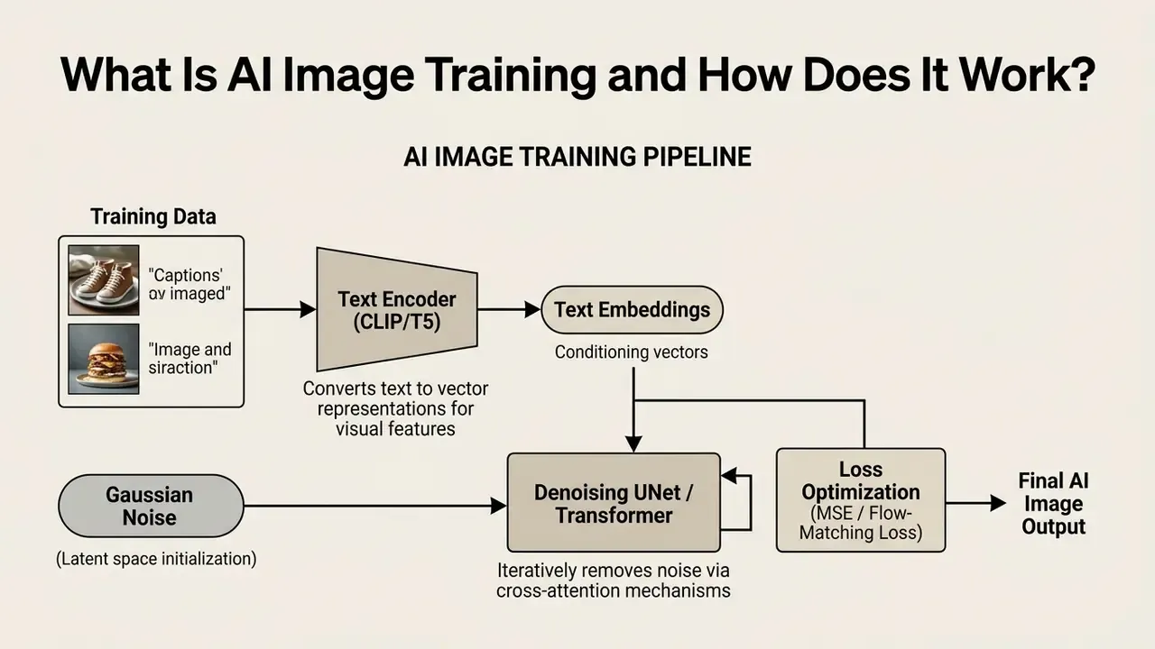 Flowchart illustrating an AI image training pipeline from training data to final output generation