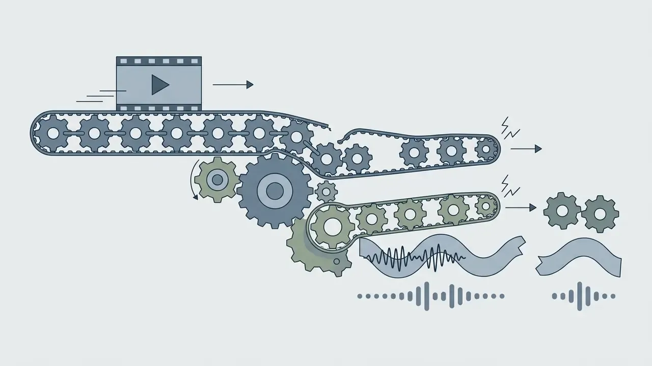 Video file moving along a gear conveyor belt that splits and causes audio and video tracks to desynchronize