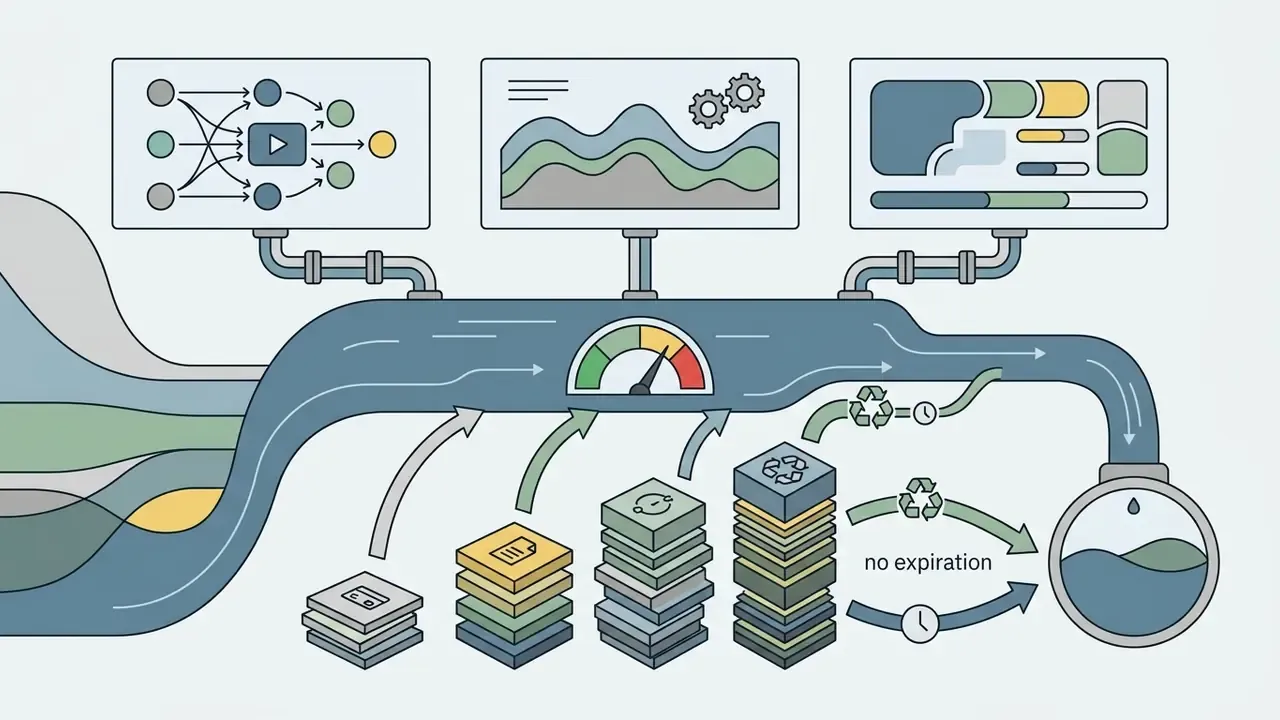 Stacks of credit packs feeding into a central pipeline with a gauge and outputting into a storage reservoir
