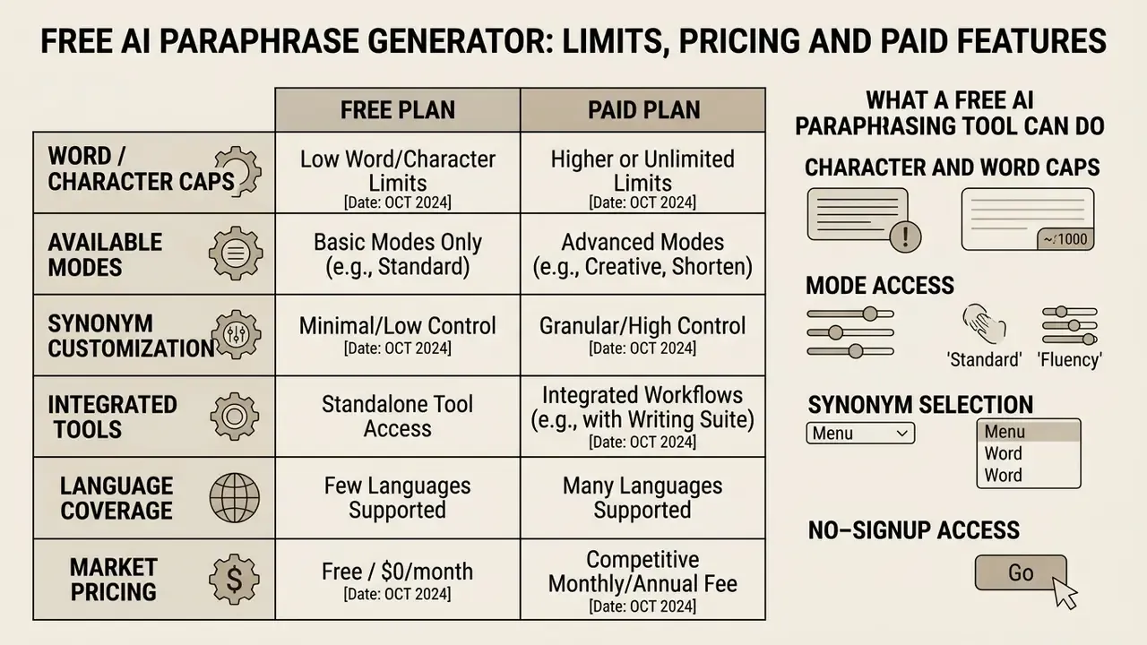 Comparative table contrasting features and pricing between free and paid AI paraphrase generator plans
