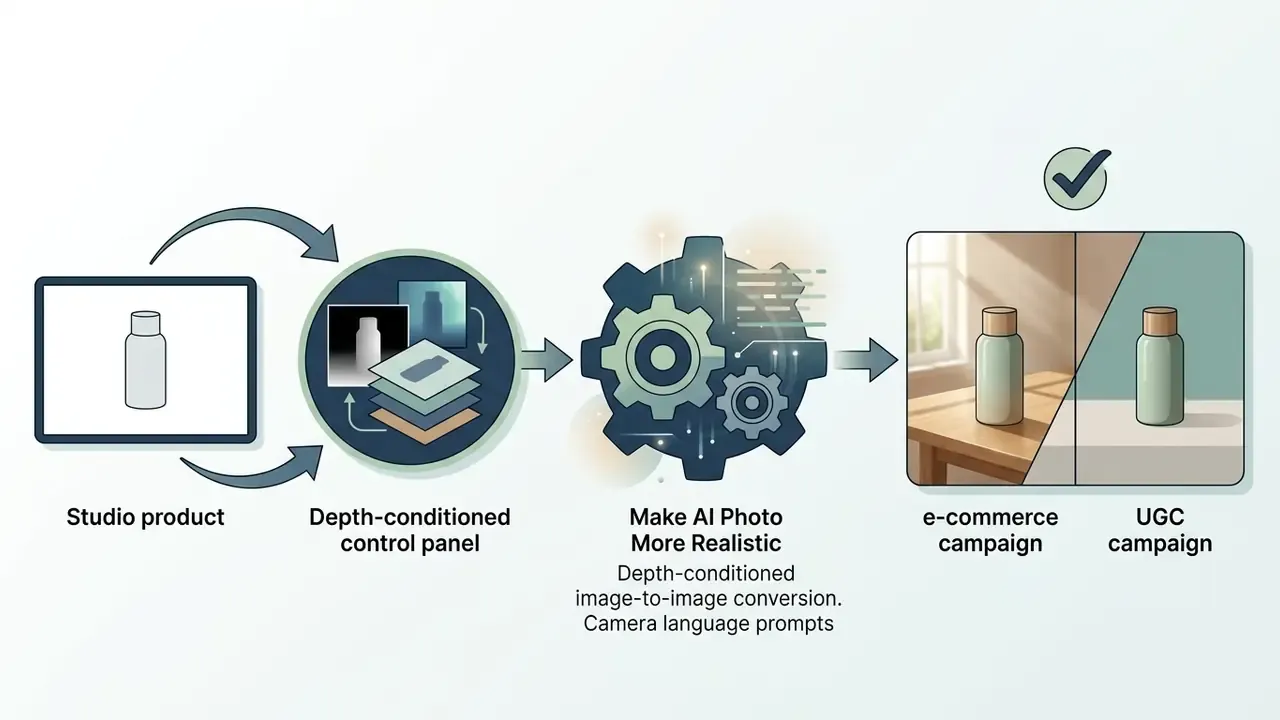 Diagram showing how to make an AI photo more realistic by converting studio product shots into marketing assets